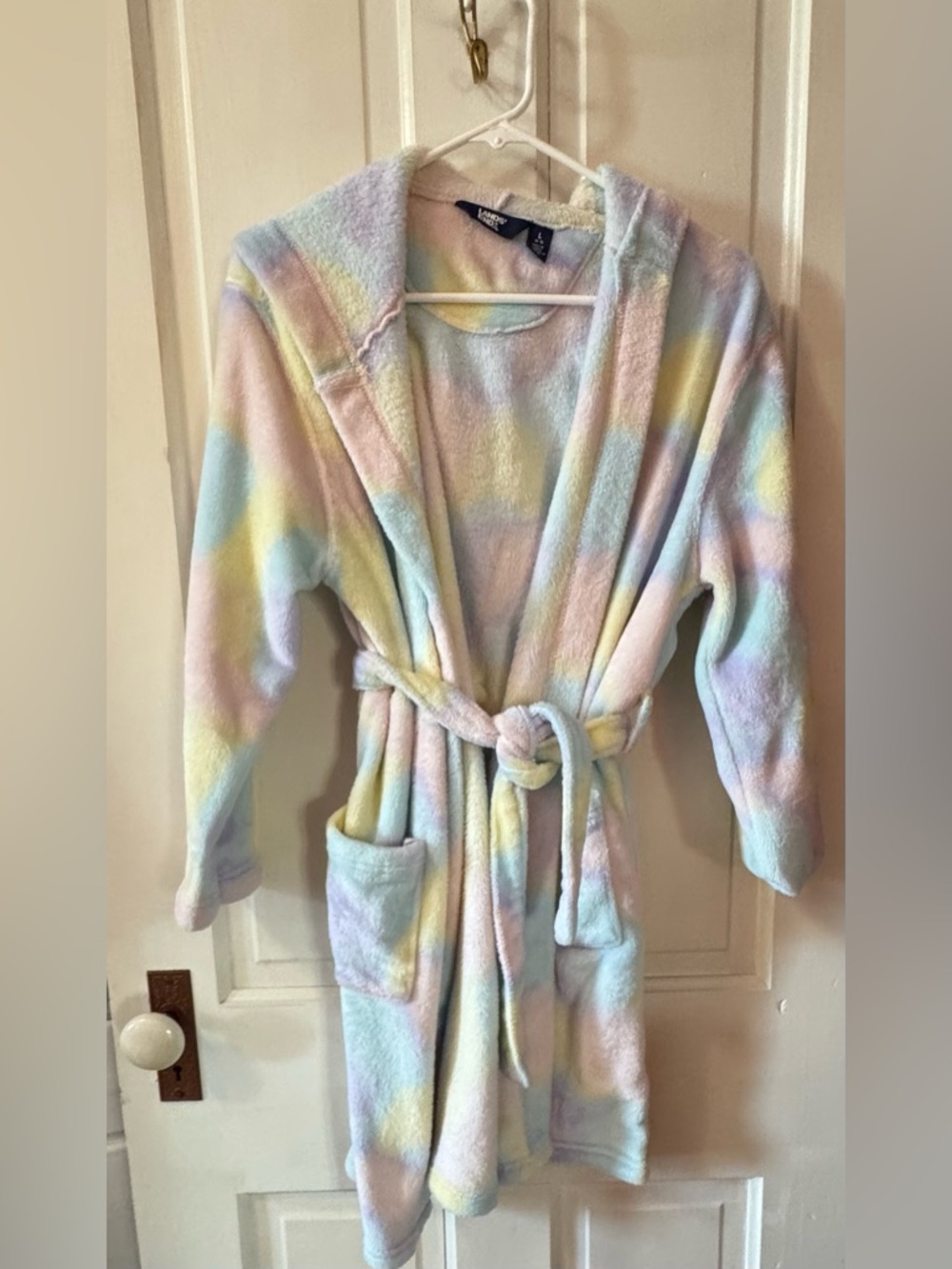 Lands' End Pastel Tie-Dye Plush Hooded Robe - Pink, Blue, Yellow, Green